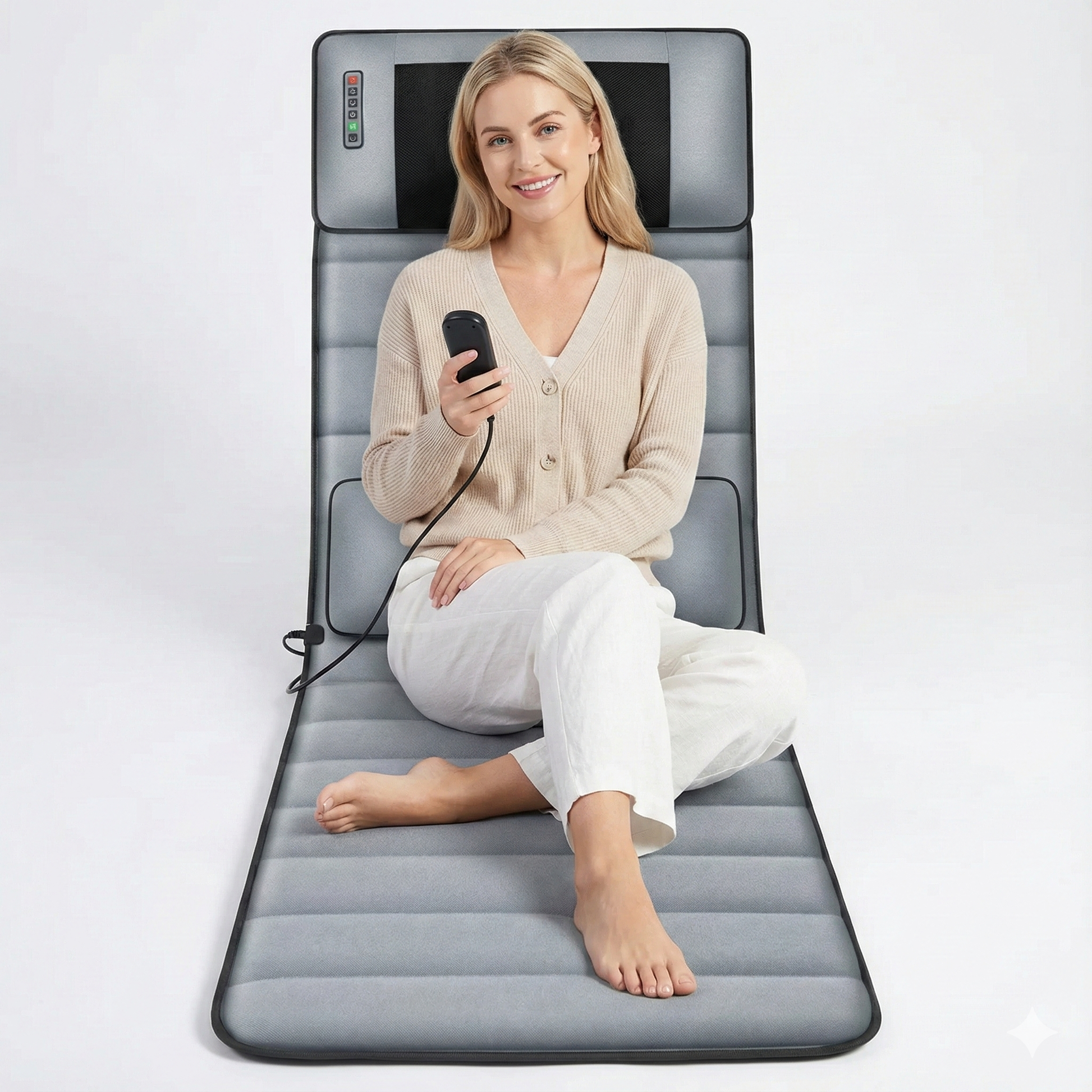 Woman using a massage mat with a controller 